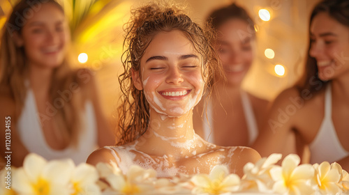 Joyful group of friends enjoying a spa day with smiles, bubbles, and flowers in a relaxing atmosphere