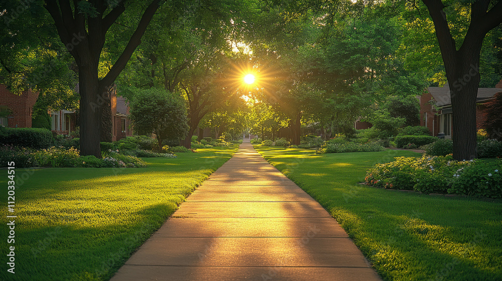 Obraz premium calm morning with sun rising over quiet suburban street, illuminating lush green lawns and trees, creating serene atmosphere