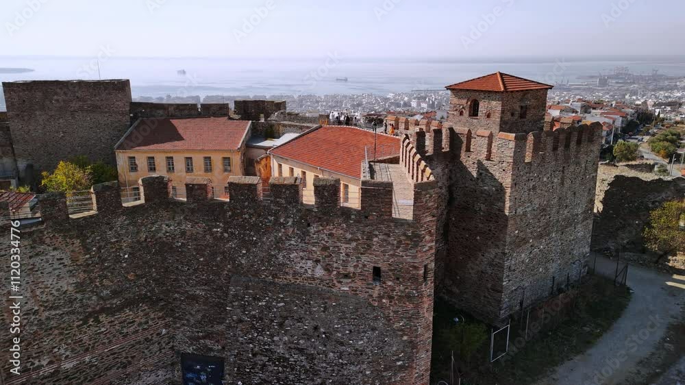 Beautiful aerial view of a historic fort in Greece overlooking the sea Beautiful aerial view of a historic fort in Greece overlooking the sea