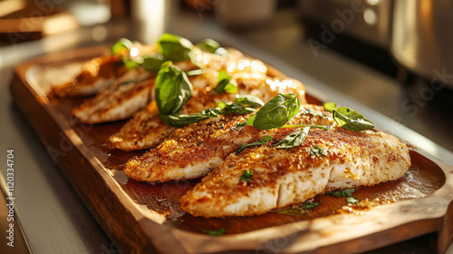 Wallpaper Mural Delicious grilled fish fillets garnished with fresh basil and served on a wooden platter Torontodigital.ca