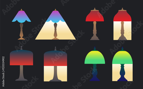 Set of vintage Tiffany style table lamps turned on and off. Flat vector illustration on black background.