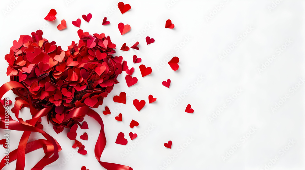 heart shaped arrangement of small red paper cut hearts with satin ribbon on white background heart shaped arrangement of small red paper cut hearts with satin ribbon on white background