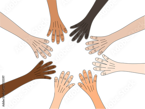 A visual representation of diverse hands coming together in a circle, collaboration, symbolizing unity and inclusion.