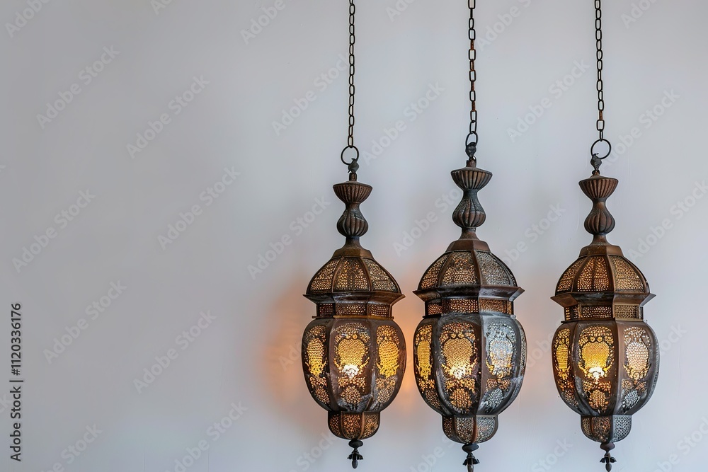 Three hanging lamps with a gold and silver design Three hanging lamps with a gold and silver design