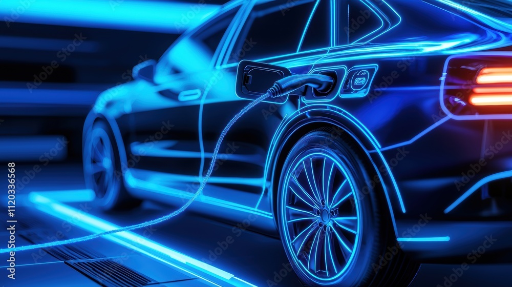 A futuristic electric car being charged, illuminated with blue neon lights, showcasing modern technology and eco-friendly energy solutions. A futuristic electric car being charged, illuminated with blue neon lights, showcasing modern technology and eco-friendly energy solutions.