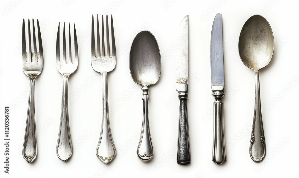 Aged silverware: forks, spoons, knives arranged neatly. Aged silverware: forks, spoons, knives arranged neatly.