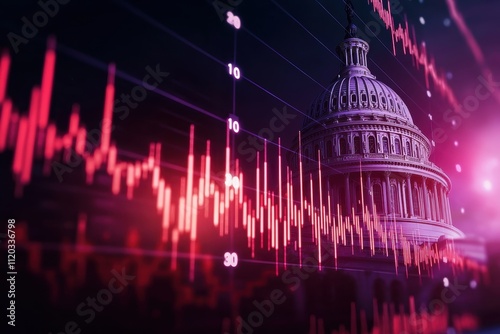 A stylized image featuring the U.S. Capitol building with vibrant data analytics graphics, symbolizing financial trends and governmental influence. photo