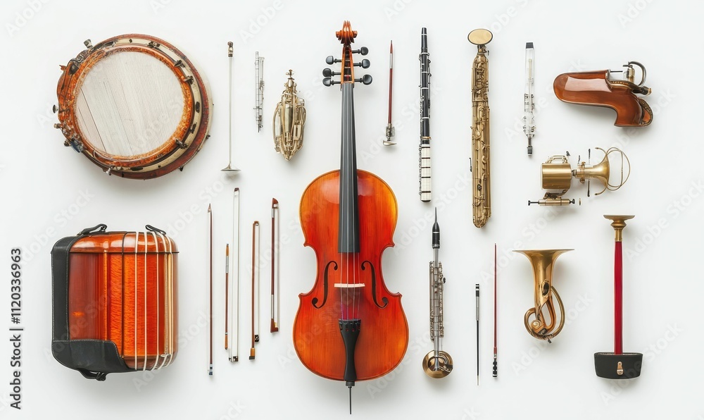 Naklejka premium Orchestral instruments arranged neatly on white.