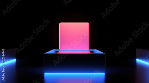 A glowing pink cube sits on a dark pedestal, surrounded by blue lights, creating a striking contrast in a minimalist, futuristic setting.