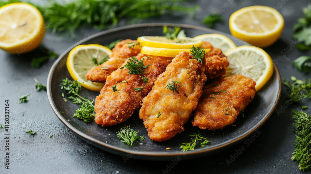 Crispy fried fish fillets garnished with fresh herbs and lemon served on a black plate Crispy fried fish fillets garnished with fresh herbs and lemon served on a black plate