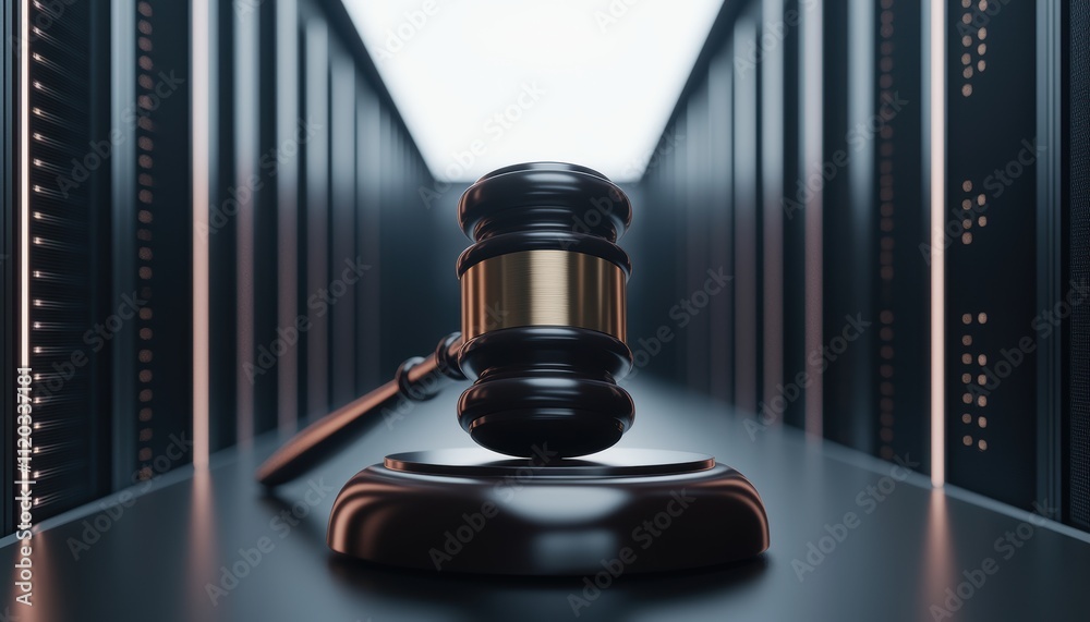 A gavel rests on a base, symbolizing justice, set against a backdrop of digital servers, merging legal authority with technology. A gavel rests on a base, symbolizing justice, set against a backdrop of digital servers, merging legal authority with technology.