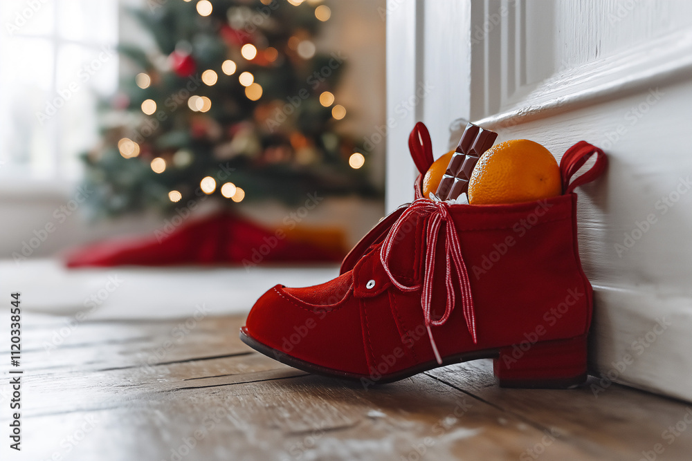 Obraz premium Red child's shoe with oranges and chocolate on day of epiphany with decorated Christmas tree in background