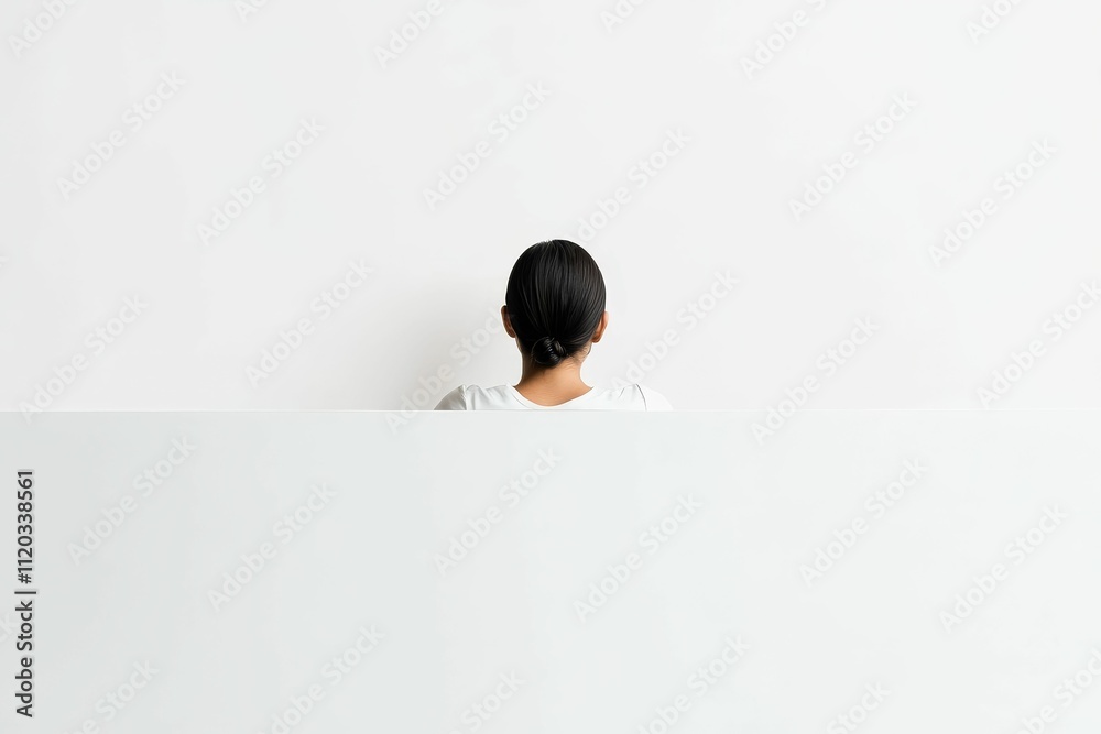 Person's back, facing white wall, white surface. Person's back, facing white wall, white surface.