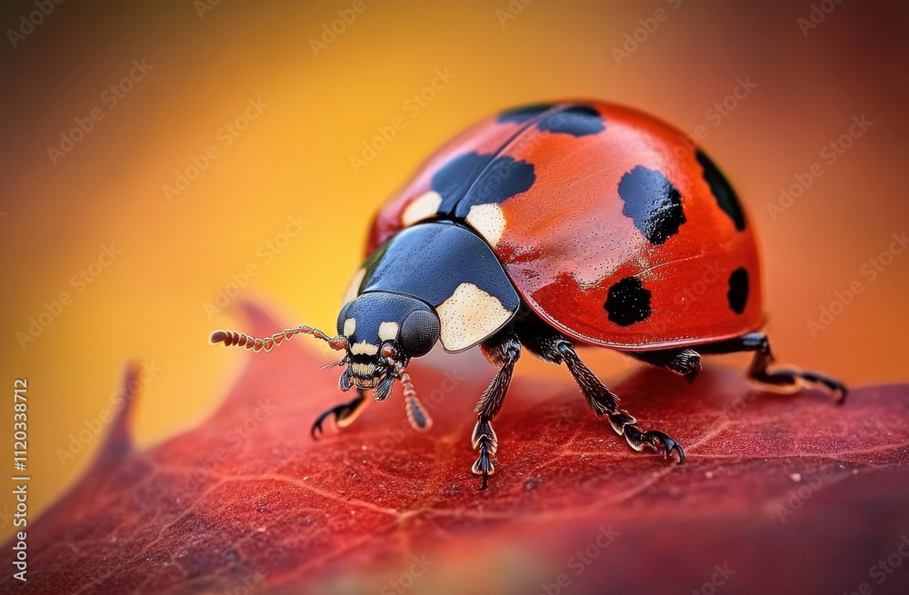 Fototapeta premium A close-up of a ladybug perched on a leaf, showcasing its vibrant colors and details.
