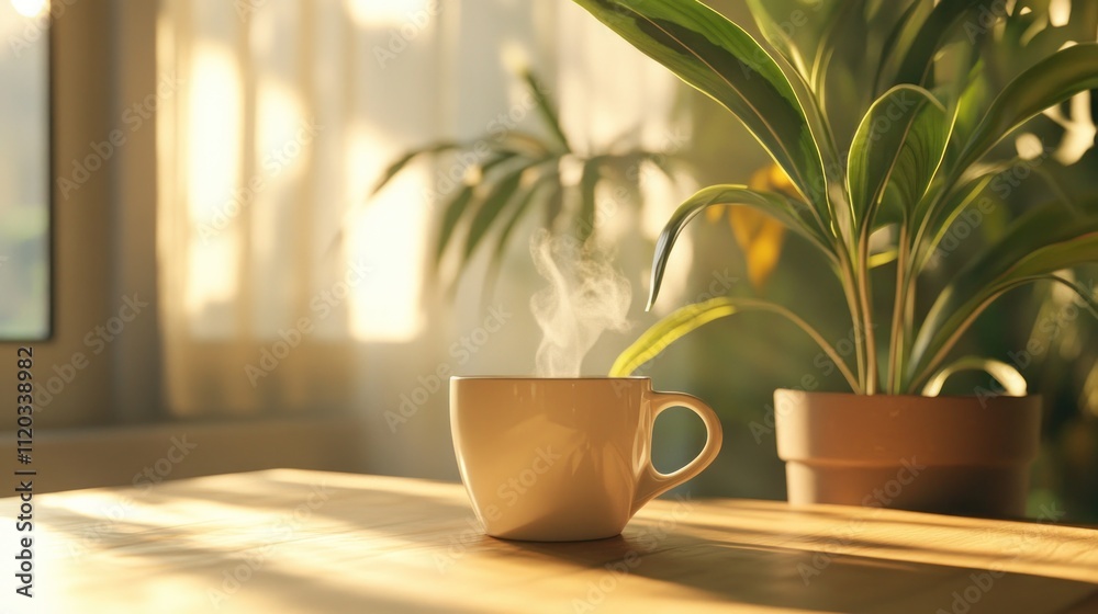 Steam rises from a warm coffee mug on a sunlit wooden table next to houseplants. Steam rises from a warm coffee mug on a sunlit wooden table next to houseplants.