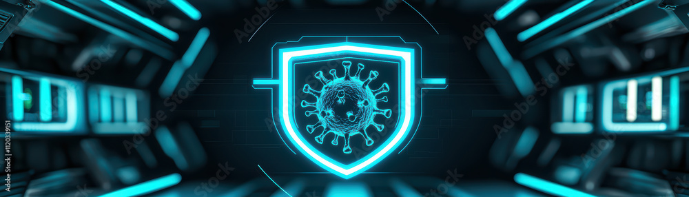 Naklejka premium high tech interface displays luminous shield icon representing virus protection, set in futuristic environment. glowing design emphasizes security and health