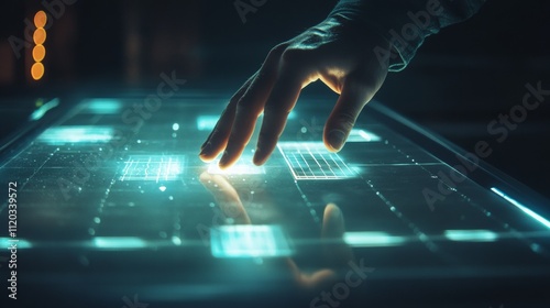 Engineer's hand on solar panel generating power. Energy visualized through VFX graphics. A green energy idea. photo