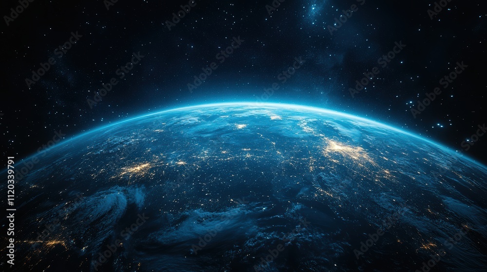 Obraz premium A blue and white planet with a starry sky. Generative AI