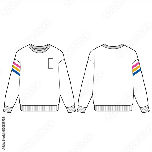 Crewneck sweatshirt flat technical drawing illustration mock-up template for design and tech packs men or unisex fashion CAD streetwear women mock neck.