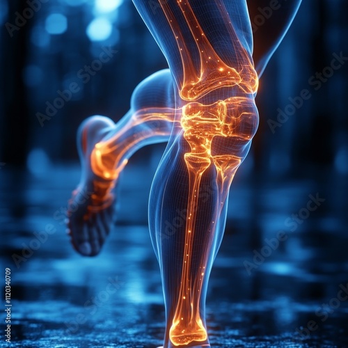 Movimiento y maquinaria de la rodilla en el ser humano, gráfica de un hombre deportista en movimiento, donde se aprecia una visión de rayos equis de su rodilla y su funcionamiento.