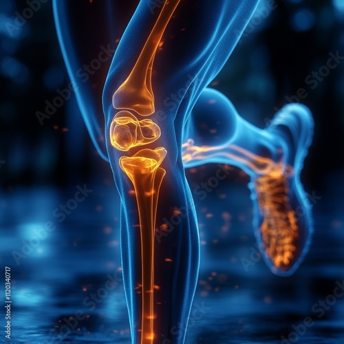 Movimiento y maquinaria de la rodilla en el ser humano, gráfica de un hombre deportista en movimiento, donde se aprecia una visión de rayos equis de su rodilla y su funcionamiento.