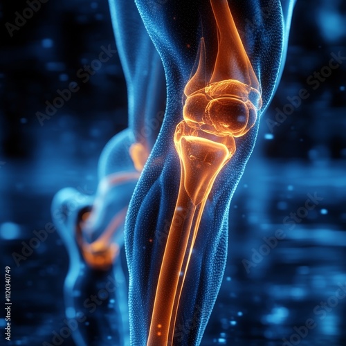 Movimiento y maquinaria de la rodilla en el ser humano, gráfica de un hombre deportista en movimiento, donde se aprecia una visión de rayos equis de su rodilla y su funcionamiento.