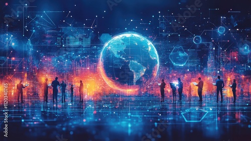 A group of people are standing in front of a large globe. Generative AI