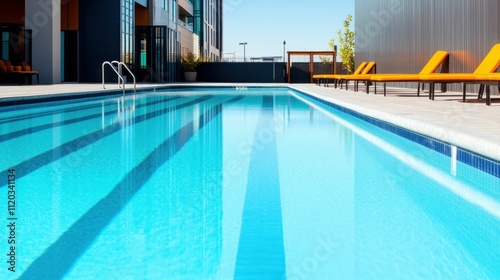 Outdoor Swimming Pool with Yellow Lounge Chairs by San Francisco Apartment