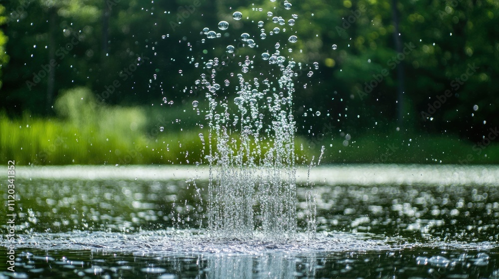 Vertical column of air bubbles rising in a freshwater lake, with a faint view of aquatic plants in the background Vertical column of air bubbles rising in a freshwater lake, with a faint view of aquatic plants in the background