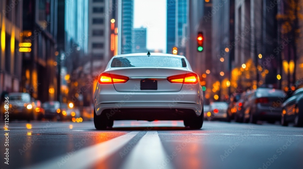 White Car with Taillights Driving Through Dynamic City Traffic White Car with Taillights Driving Through Dynamic City Traffic