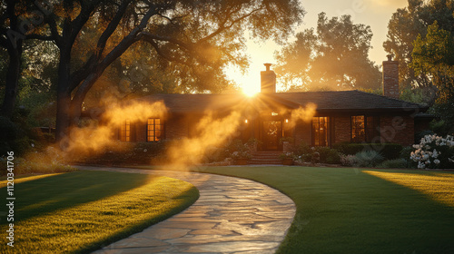 serene sunrise illuminating charming house with stone pathway, surrounded by lush greenery and soft mist. warm light creates peaceful atmosphere