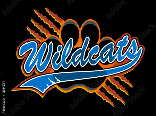 wildcats wrote in script with tail and paw print for school, college or league sports