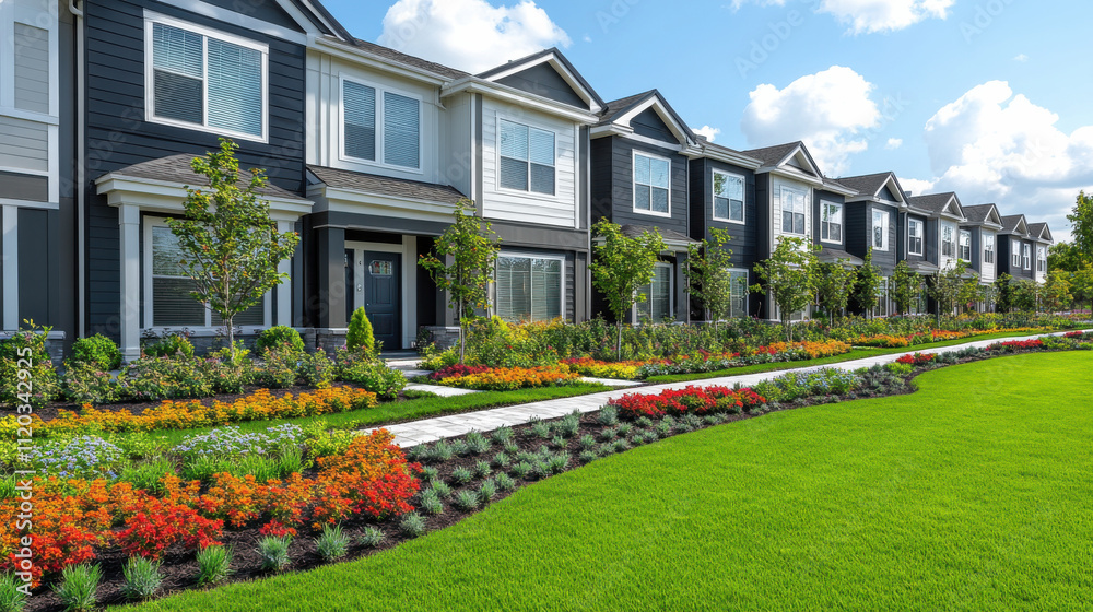 beautiful neighborhood with modern houses, vibrant flower beds, and lush green lawns creates welcoming atmosphere. well maintained landscape enhances charm of community beautiful neighborhood with modern houses, vibrant flower beds, and lush green lawns creates welcoming atmosphere. well maintained landscape enhances charm of community