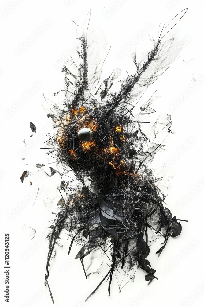 Abstract insect form; dark, fragmented, glowing core. Abstract insect form; dark, fragmented, glowing core.