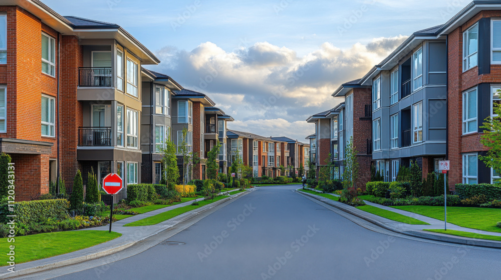 peaceful neighborhood at sunset with vibrant clouds and lush greenery, showcasing modern architecture and well maintained landscaping peaceful neighborhood at sunset with vibrant clouds and lush greenery, showcasing modern architecture and well maintained landscaping