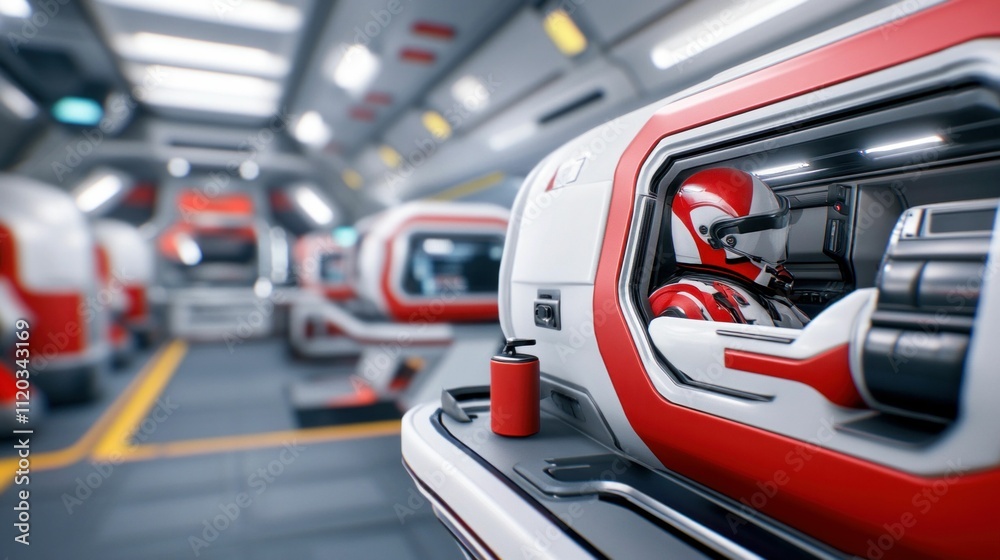 Close-Up of Futuristic High-Tech Train Interior with Robot Arms Holding Water Bottles Close-Up of Futuristic High-Tech Train Interior with Robot Arms Holding Water Bottles