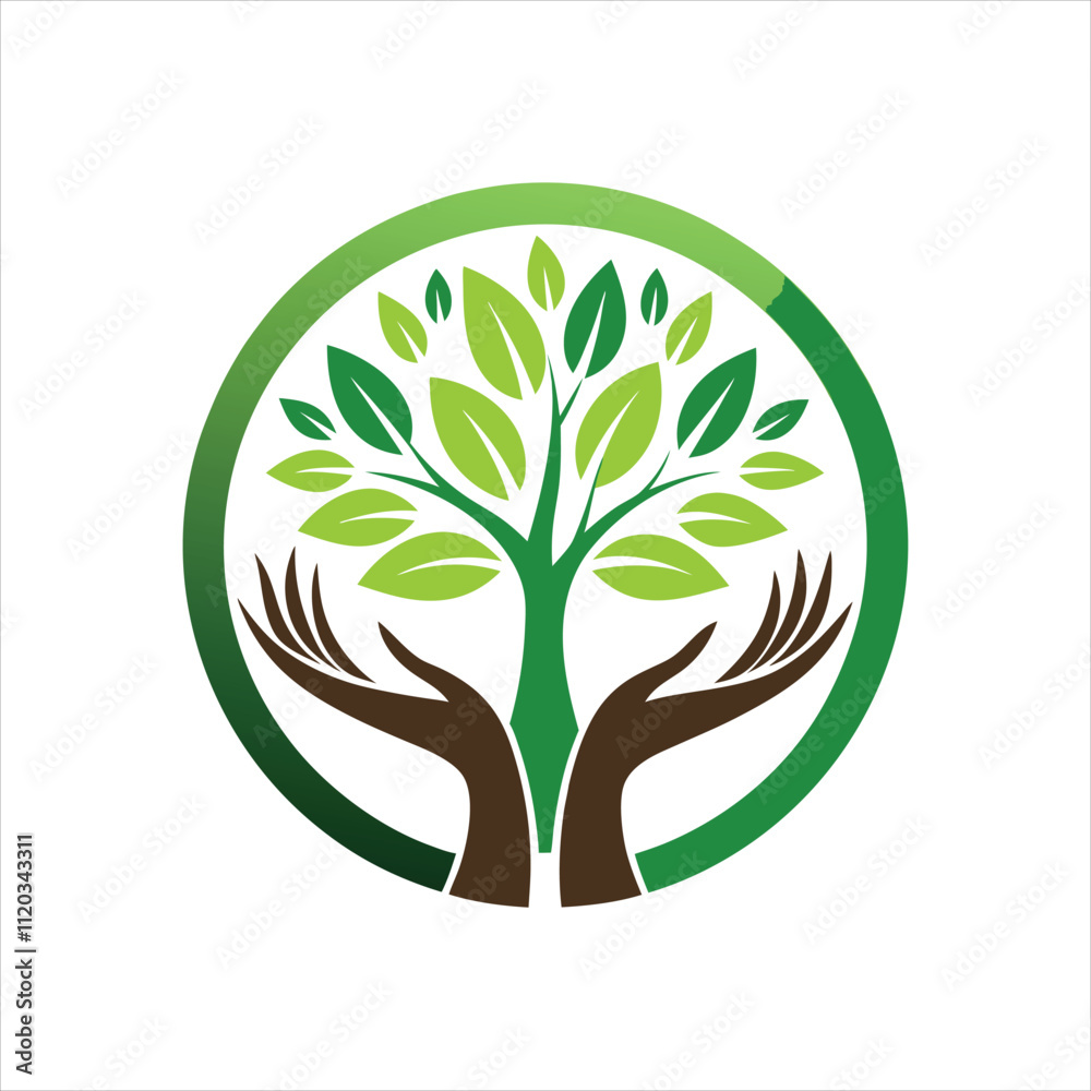 Obraz premium Human Hands and Tree Logo with Green Leaves Vector Illustration