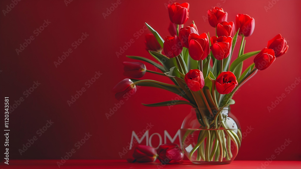 custom made wallpaper toronto digitalbouquet of red tulips in glass vase and paper word mom on red background
