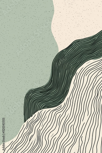Abstract line art with curved patterns on a green and beige background, minimalist modern design with organic shapes and subtle textures
