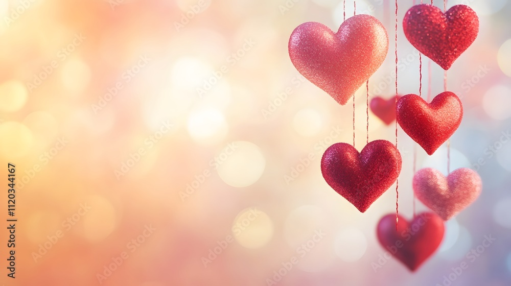 Sparkling Red Hearts Hanging Against Soft Background Sparkling Red Hearts Hanging Against Soft Background