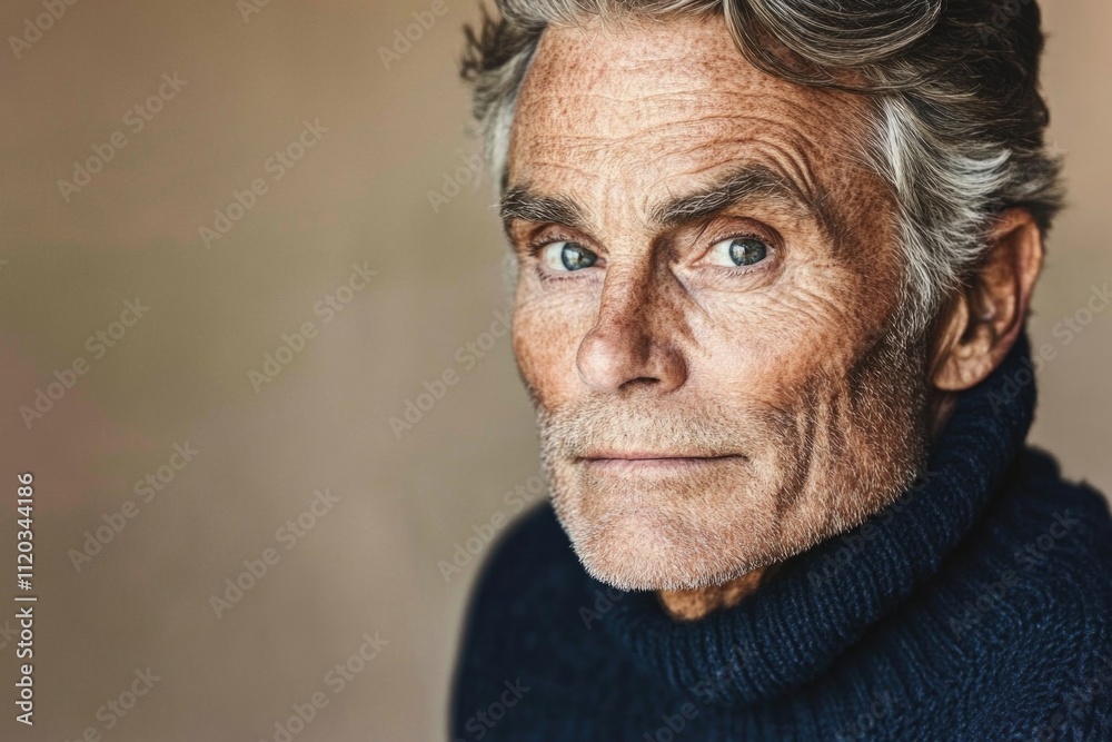 Elderly caucasian male in blue sweater with thoughtful expression