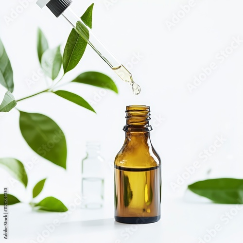 Glass bottle with essential oil and green leaves for natural themes