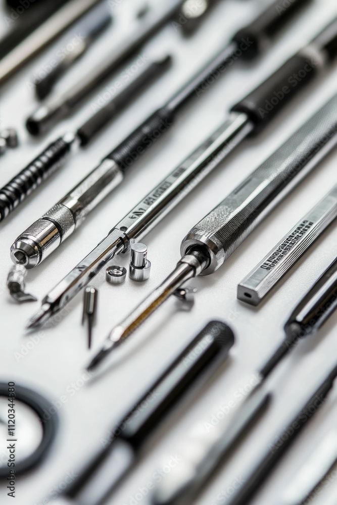 Precision instruments arranged on white surface.