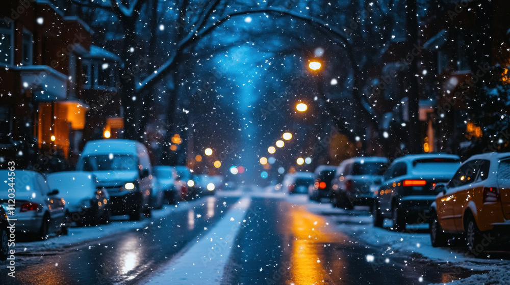 Fototapeta premium snowy neighborhood street at night with soft snowflakes falling, illuminated by streetlights and lined with parked cars, creating serene winter atmosphere