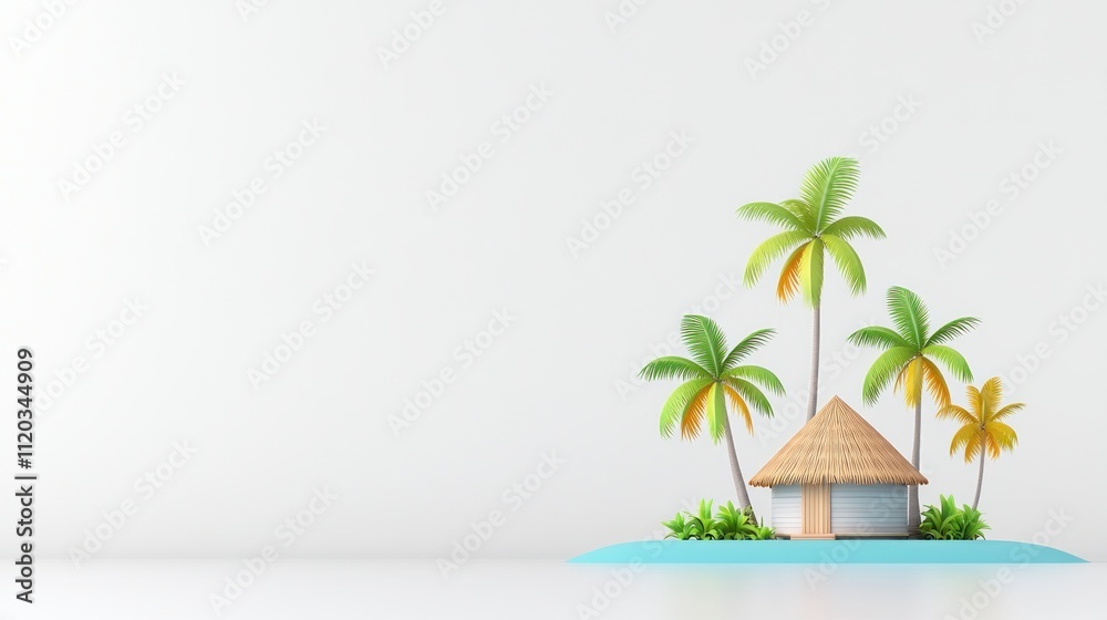 Obraz premium A tropical island scene featuring a thatched-roof hut and palm trees.