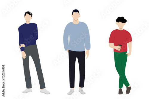 Young modern guys posing, faceless illustration, flat style, isolate on white