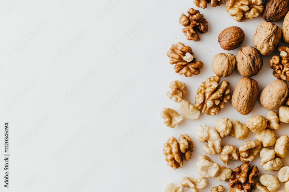 Assorted whole and cracked walnuts on white background Assorted whole and cracked walnuts on white background