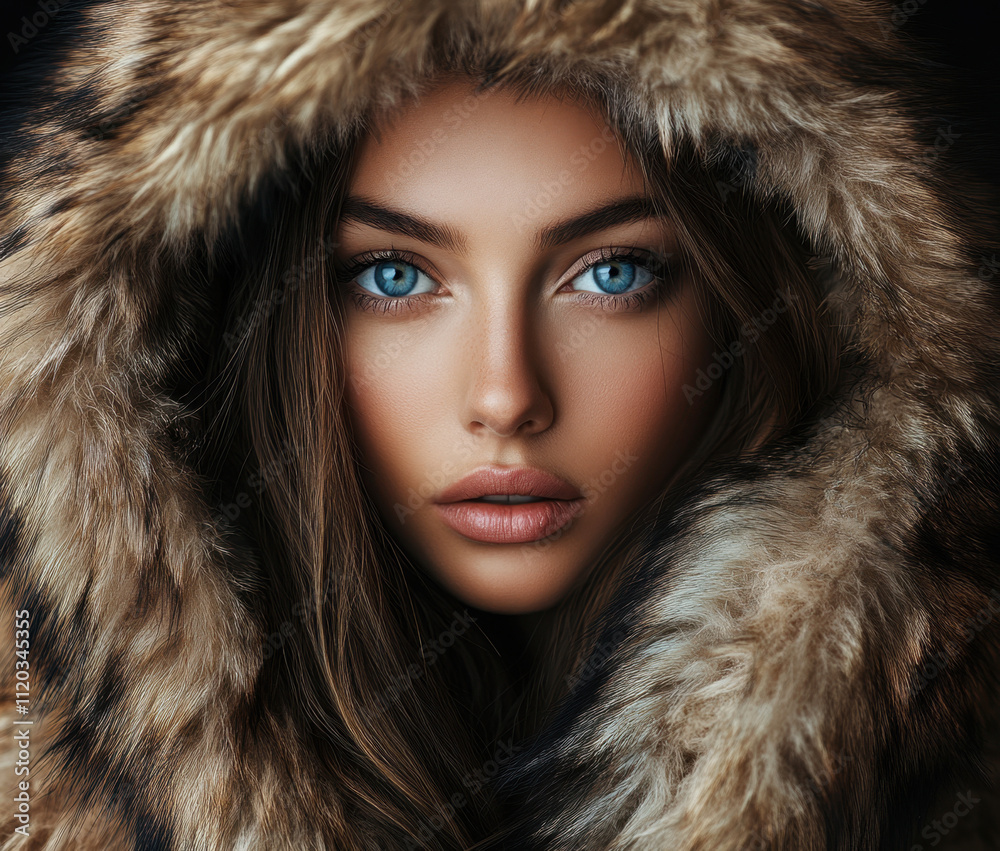 A close-up portrait of a person wearing a fur-lined hood, showcasing striking blue eyes. A close-up portrait of a person wearing a fur-lined hood, showcasing striking blue eyes.