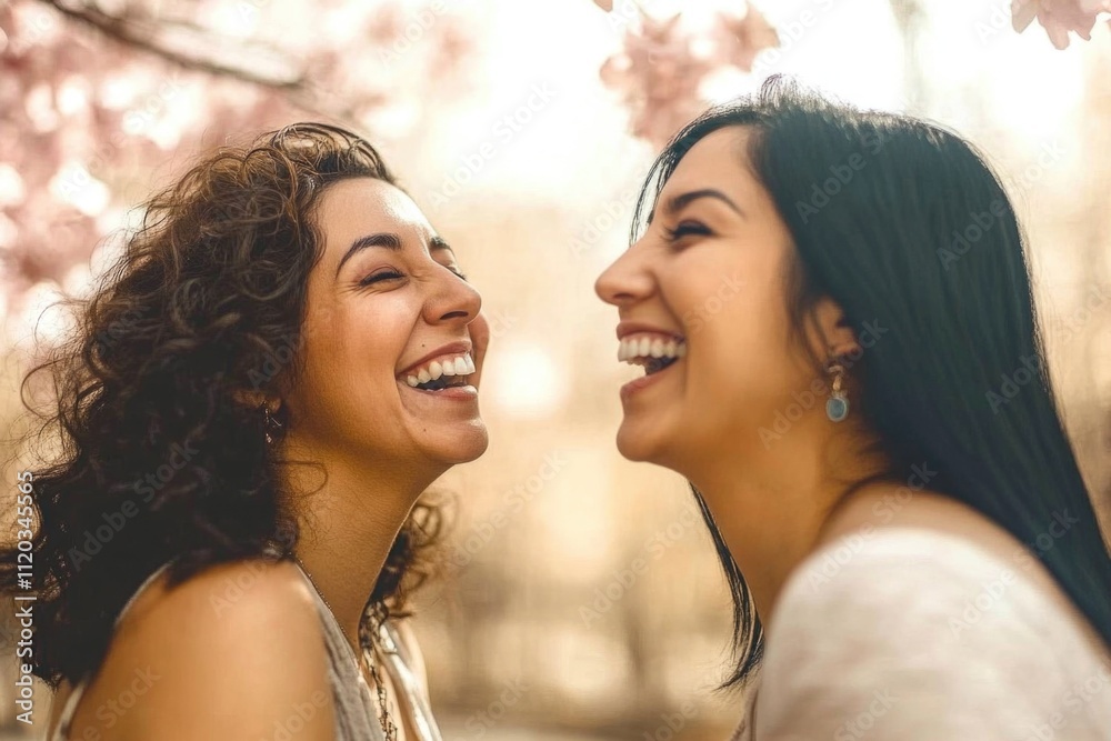Joyful young hispanic females laughing in spring blossom scenery Joyful young hispanic females laughing in spring blossom scenery