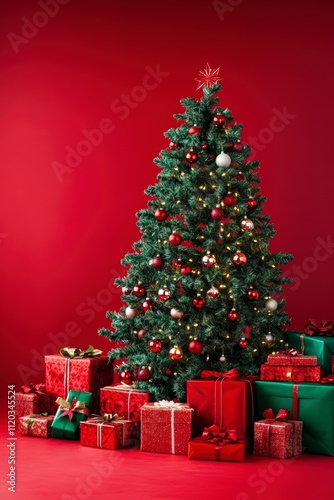 Christmas tree with red and gold gifts on shiny red background